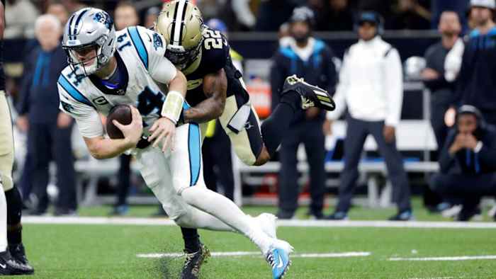 Saints defensive back Chauncey Gardner-Johnson (22) sacks Panthers QB Sam Darnold. Credit: cbs17.com